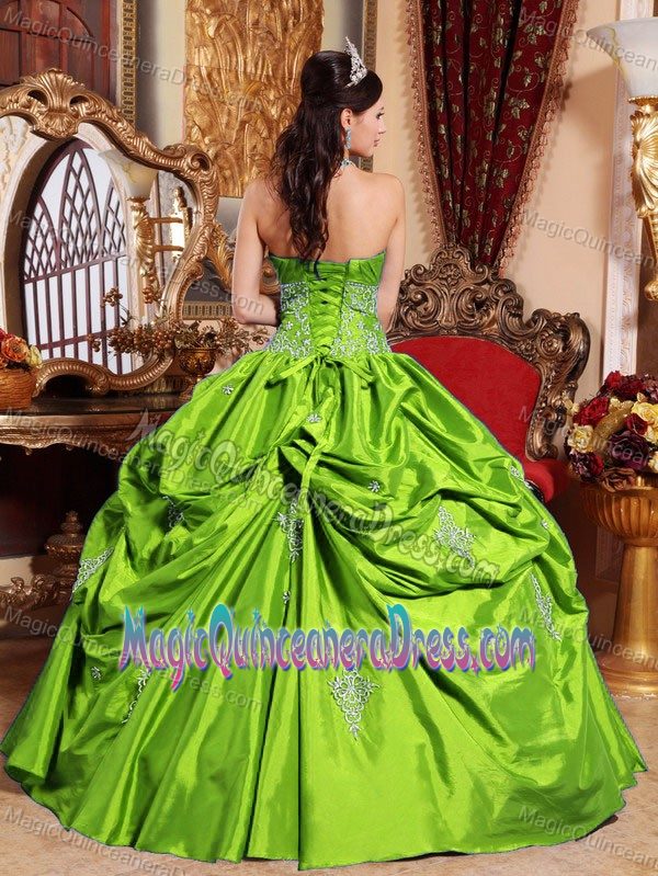 Spring Green Strapless Princess Dress for Quinceanera with Appliques and Pick-ups