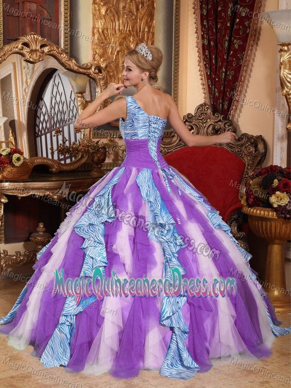 Multi-colored One Shoulder Floor-length Ruffled Quinceanera Dress in Houston