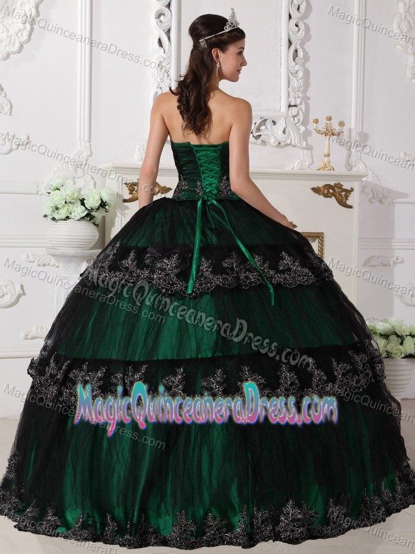 Dark Green Strapless Quinceanera Gown Dresses with Appliques in Denton