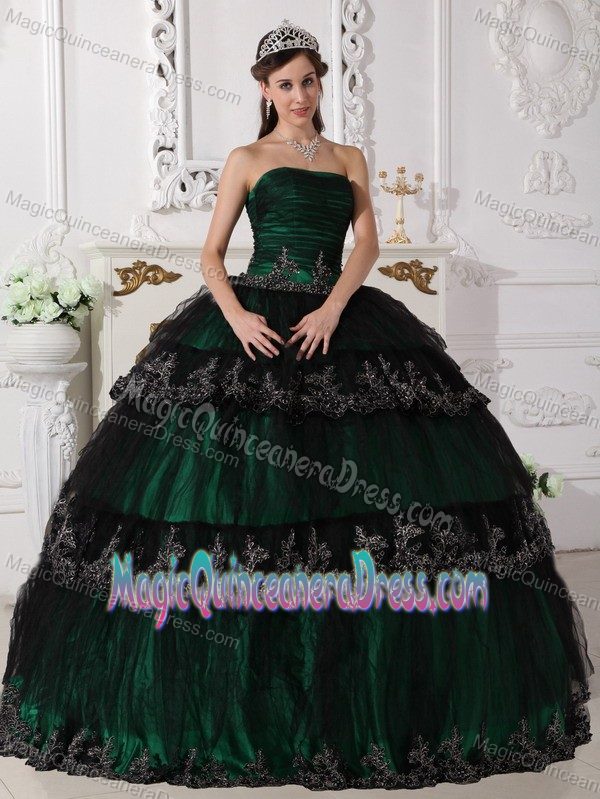 Dark Green Strapless Quinceanera Gown Dresses with Appliques in Denton