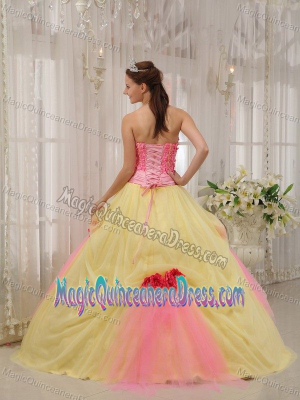 Strapless Taffeta and Tulle Hand Flowery Quinceanera Dress in Pink and Yellow