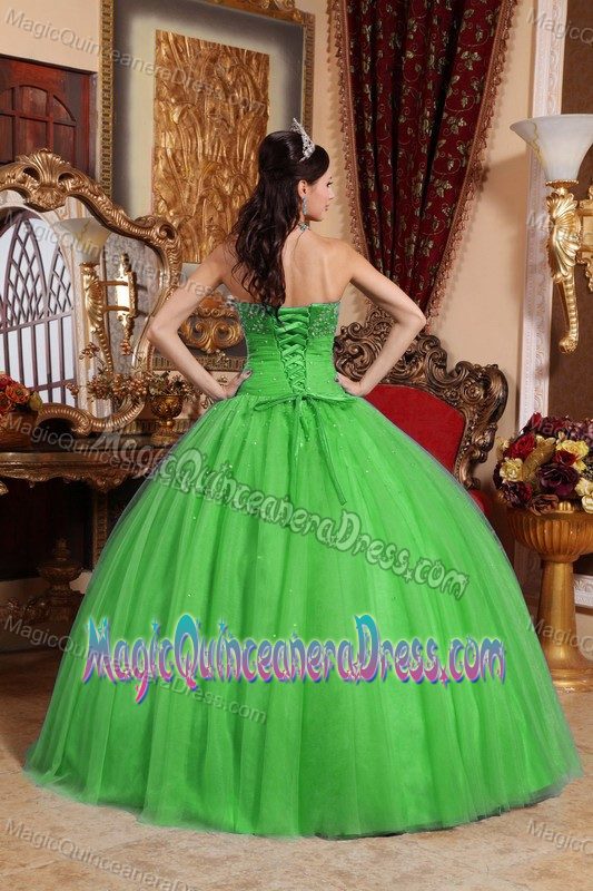 Green Strapless Tulle Beaded Dress for Quince with Embroidery in Reading