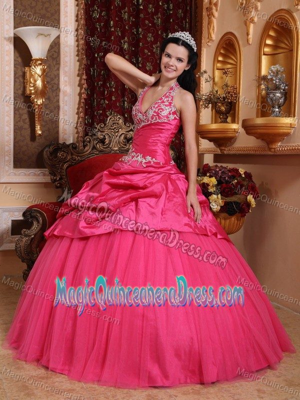 Hot Pink Halter Taffeta Appliqued Quinceanera Dress with Pick-ups in Malvern