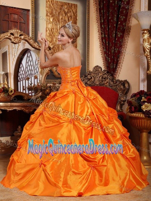 Orange Red Strapless Floor-length Taffeta Beaded Quinceanera Gown in Tigard