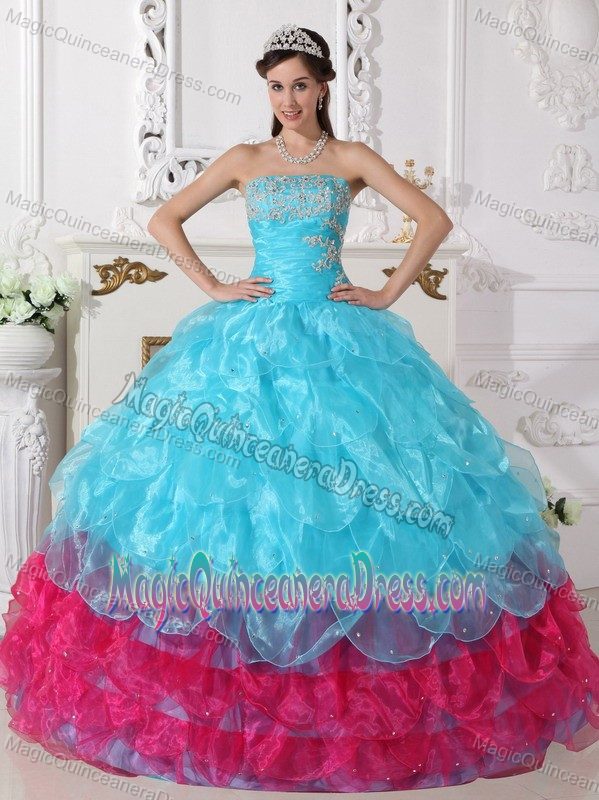 Strapless Organza Appliqued Quinceanera Gowns in Aqua Blue and Hot Pink