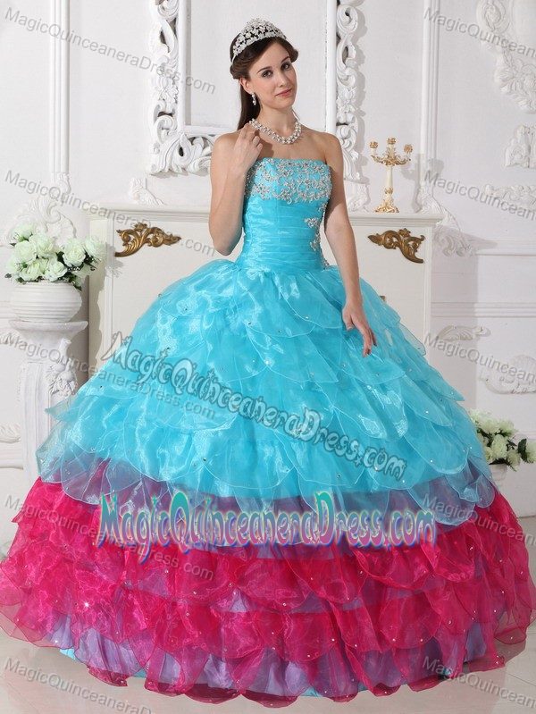 Strapless Organza Appliqued Quinceanera Gowns in Aqua Blue and Hot Pink