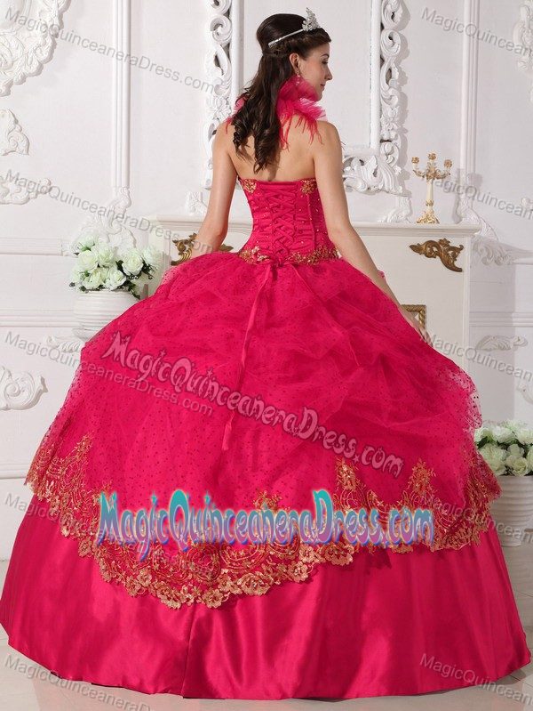 Halter Taffeta Coral Red Quince Dress with Beading and Appliques in Malvern