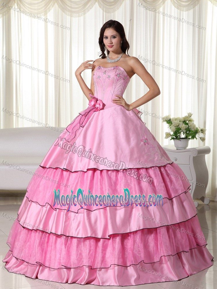Strapless Floor-length Taffeta Beaded Quinceanera Gown in Rose Pink in Ashland