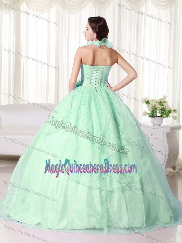 Apple Green Halter Floor-length Chiffon Beaded Quinceanera Dress with Embroidery