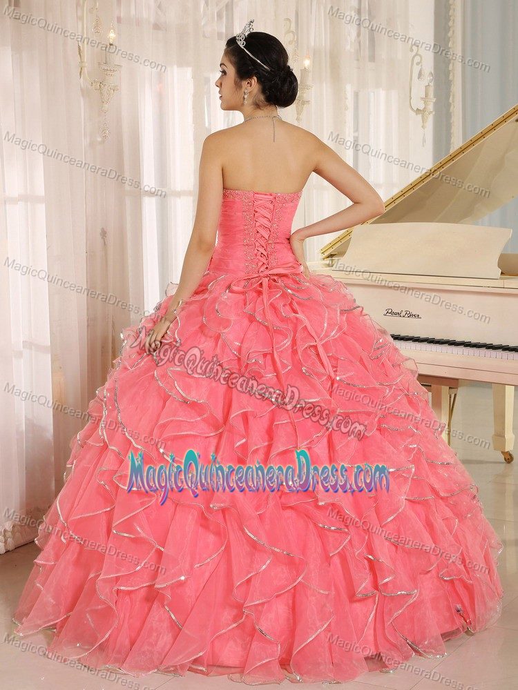 Ruffled and Beaded Red Custom Made Quinceanera Dress in Charleston SC