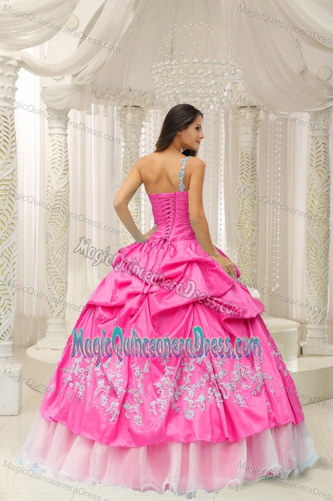 Hot Pink One Shoulder Organza Quinceanera Dress with Embroidery in Irving