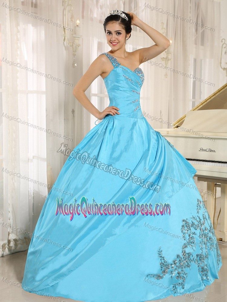 Beaded One Shoulder Quinceanera Dresses with Appliques in Baby Blue