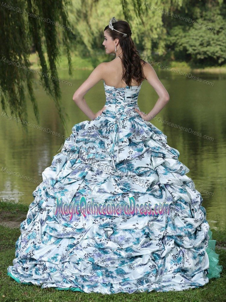 Colorful Printed Organza Beaded Quince Dress with Pick-ups and Ruffles in Bryan