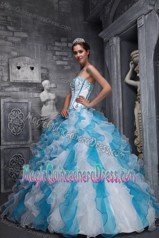 Taffeta and Organza White And Blue Quinceanera Gown with Appliques in Bryan