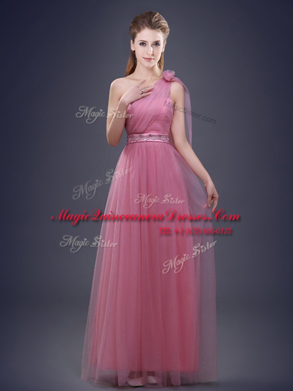  One Shoulder Pink Sleeveless Beading and Ruching and Hand Made Flower Floor Length Quinceanera Dama Dress