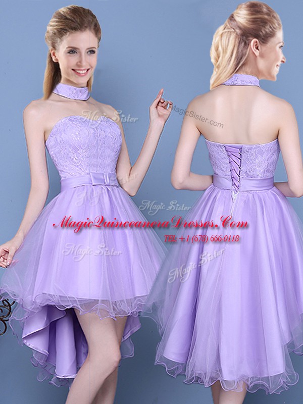 Exquisite Sleeveless High Low Lace and Bowknot Lace Up Dama Dress with Lavender