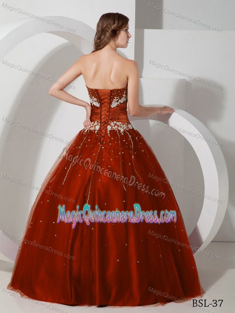Strapless Quinceanera Gown Dress with Appliques and Beading in Red in Easton