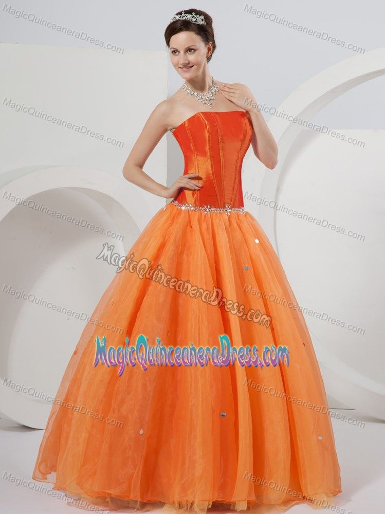 Strapless Floor-length Organza Orange Quinceanera Gown with Beading