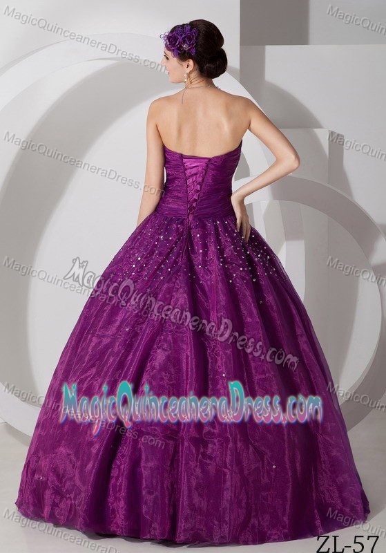 Modest Lace-up Purple Strapless Floor-length Quinces Dress with Beading