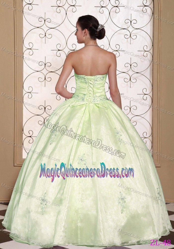 Cute Yellow Green Beaded Sweetheart Long Quince Dress with Appliques