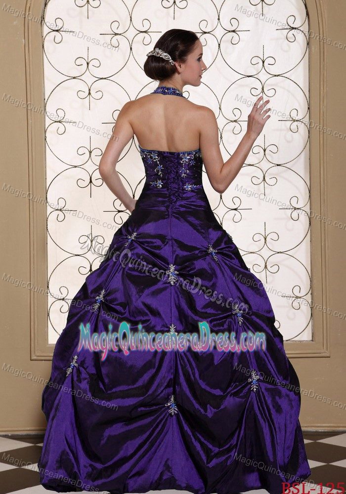 Halter Purple Long Dress for Quince with Embroidery and Pick-ups in Erie