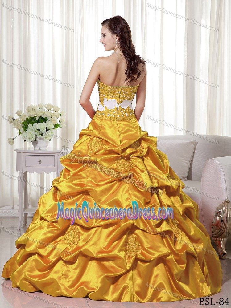 Pretty Gold Sweetheart Long Quince Dresses with Pick-ups and Appliques