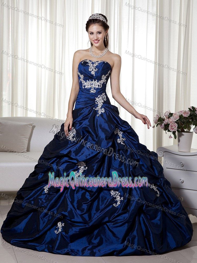 New Navy Blue Strapless Long Quince Dress with Appliques and Pick-ups