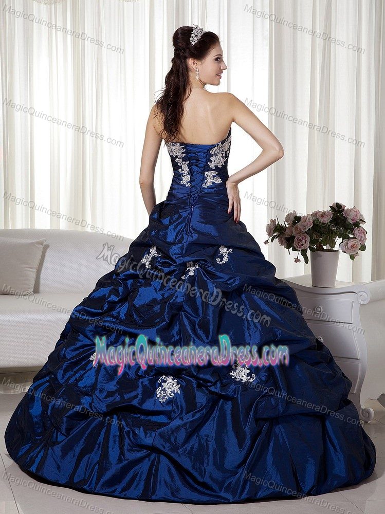 New Navy Blue Strapless Long Quince Dress with Appliques and Pick-ups