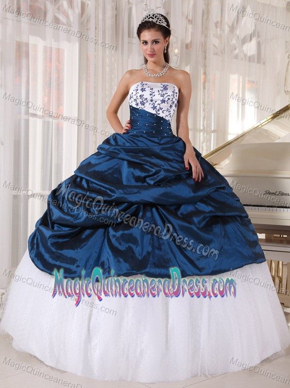White and Blue Strapless Long Quince Dress with Embroidery and Pick-ups