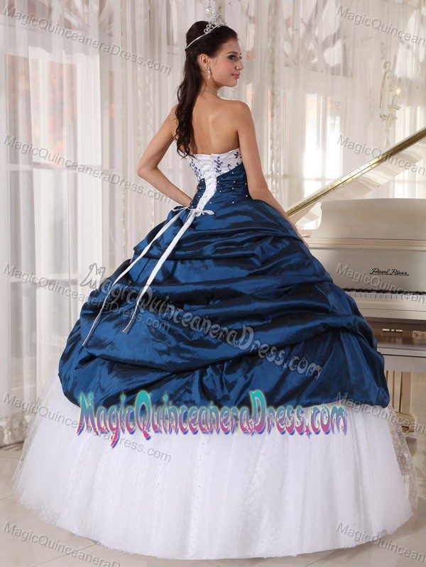 White and Blue Strapless Long Quince Dress with Embroidery and Pick-ups