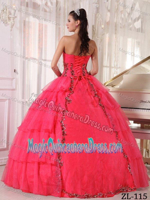 Sweetheart Coral Red Floor-length Quinces Dress with Paillette and Layers