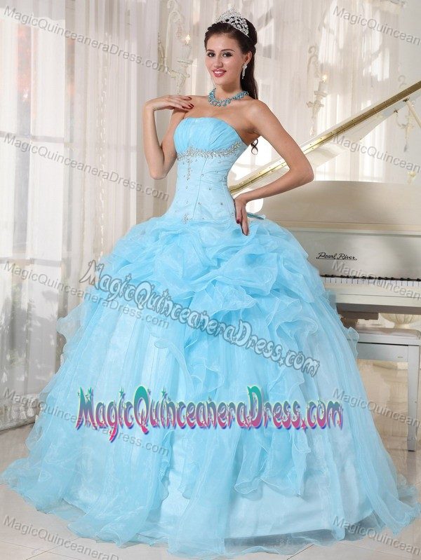 Strapless Light Blue Beaded Floor-length Dresses for Quince with Pick-ups