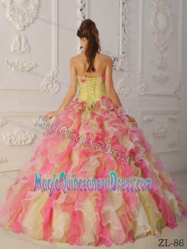 Cute Multi-color Strapless Full-length Quince Dresses Ruffles and Flowers