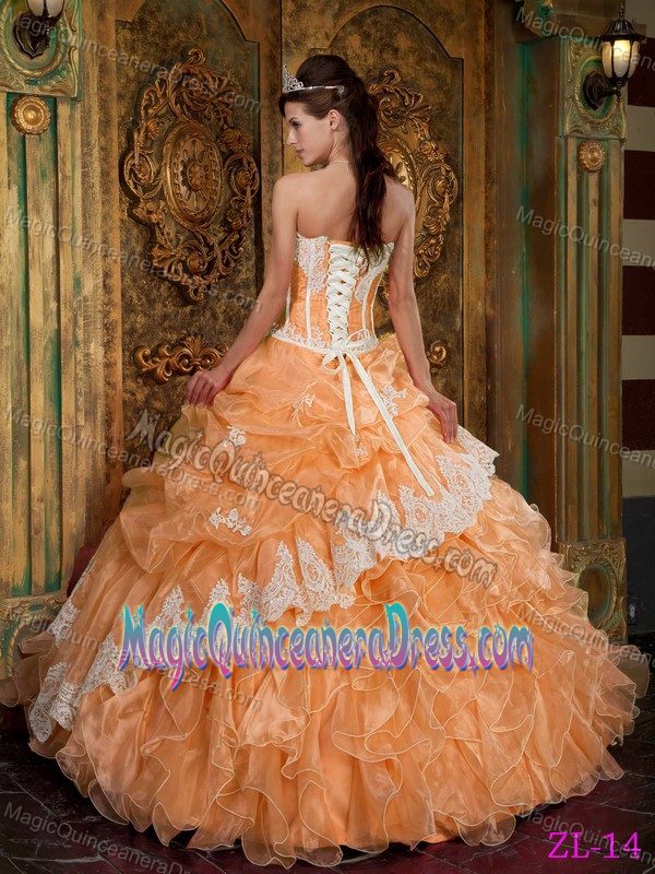Orange Strapless Long Dresses for Quince with Ruffles and Lace Appliques
