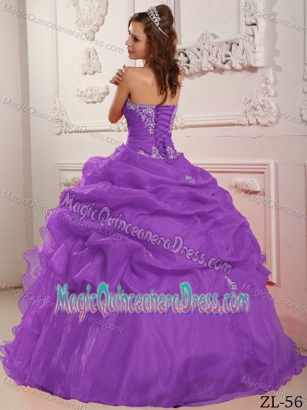 Purple Strapless Full-length Sweet Sixteen Dresses with Beading and Ruffles