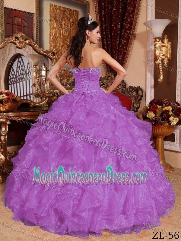 Elegant Purple Beaded Sweetheart Long Quince Dress with Ruffles in Orem