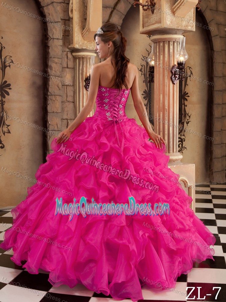 Lovely Hot Pink Beaded Sweetheart Floor-length Quince Dress with Ruffles