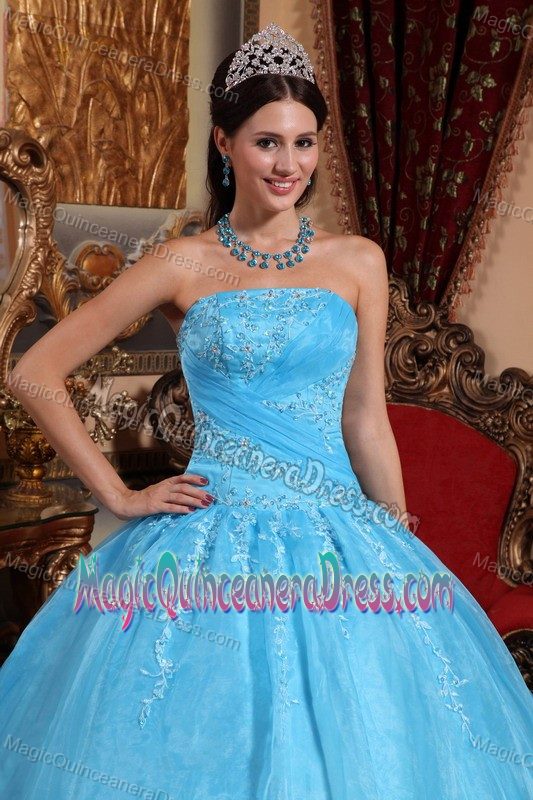 Lovely Strapless Aqua Blue Long Quince Dresses with Appliques in Addison