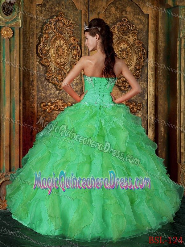 Green Beaded Sweetheart Full-length Dresses For Quince with Ruffle-layers