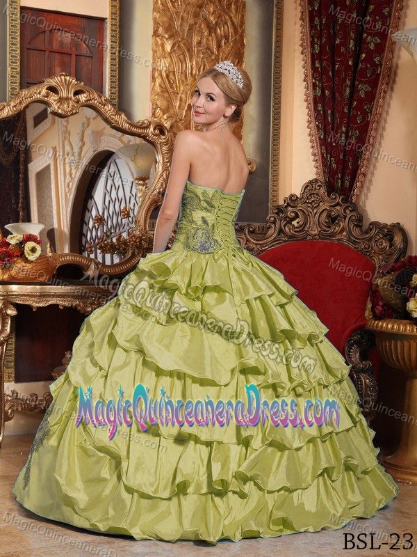 Elegant Lace-up Olive Green Long Quince Dress with Appliques and Ruffles