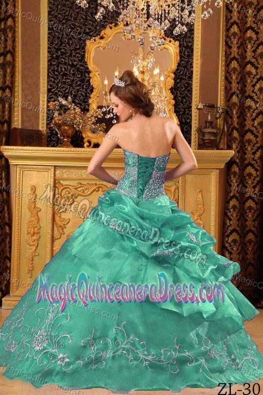 New Green Strapless Full-length Quince Dress with Pick-ups and Appliques