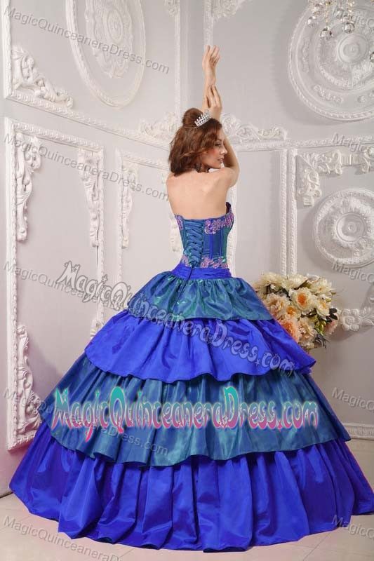 Strapless Multi-color Full-length Quince Dresses with Appliques and Layers