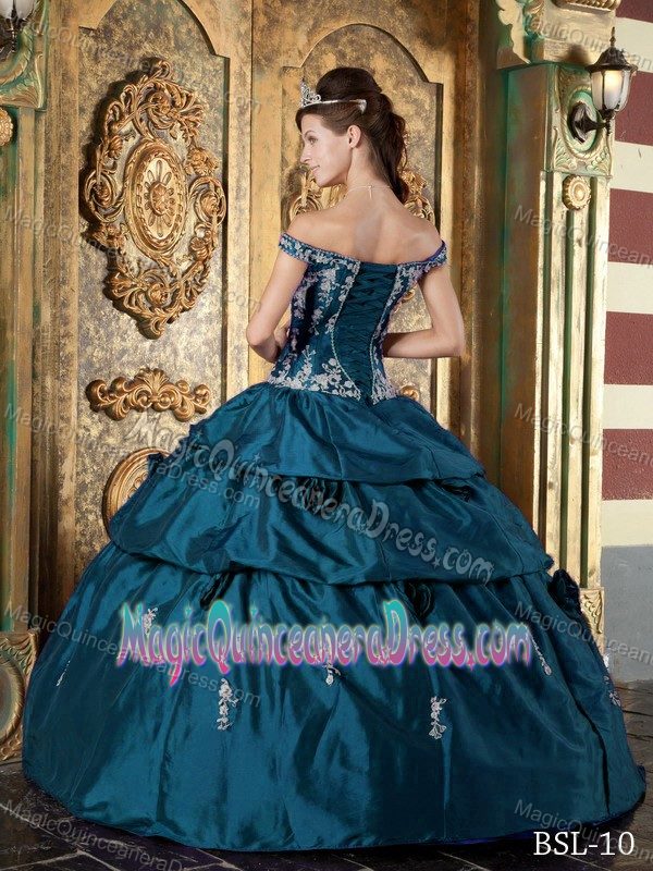 Off The Shoulder Teal Long Dress For Quinceanera with Applique and Pick-ups
