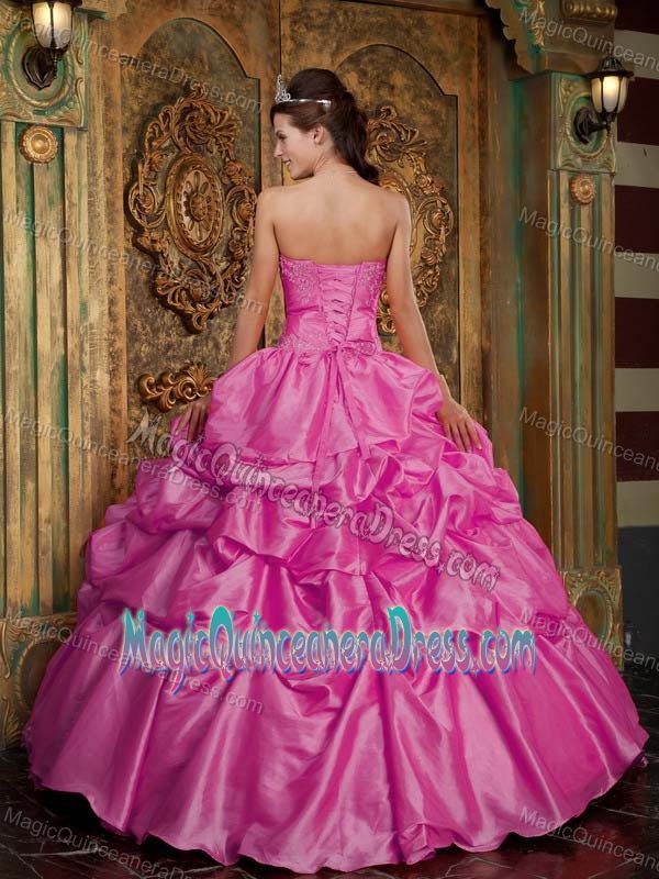 Hot Pink Strapless Long Quinces Dresses with Lace Appliques and Pick-ups