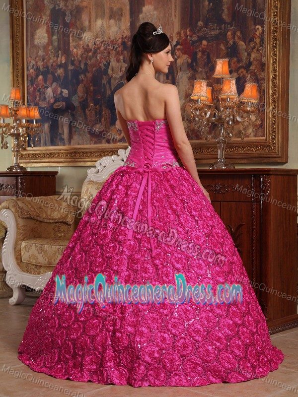 Hot Pink Beaded Strapless Long Dresses For Quinceanera with Rolling Flowers