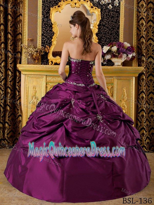 Elegant Fuchsia Beaded Strapless Long Quince Dress with Pick-ups in Troy