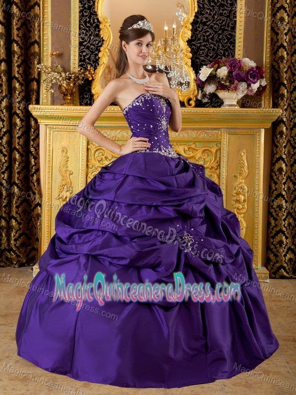 Modest Strapless Purple Long Dress for Quinces with Beading and Pick-ups