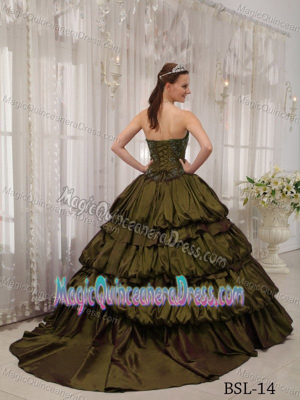 Sweetheart Olive Green Long Quinces Dresses with Pick-ups and Appliques