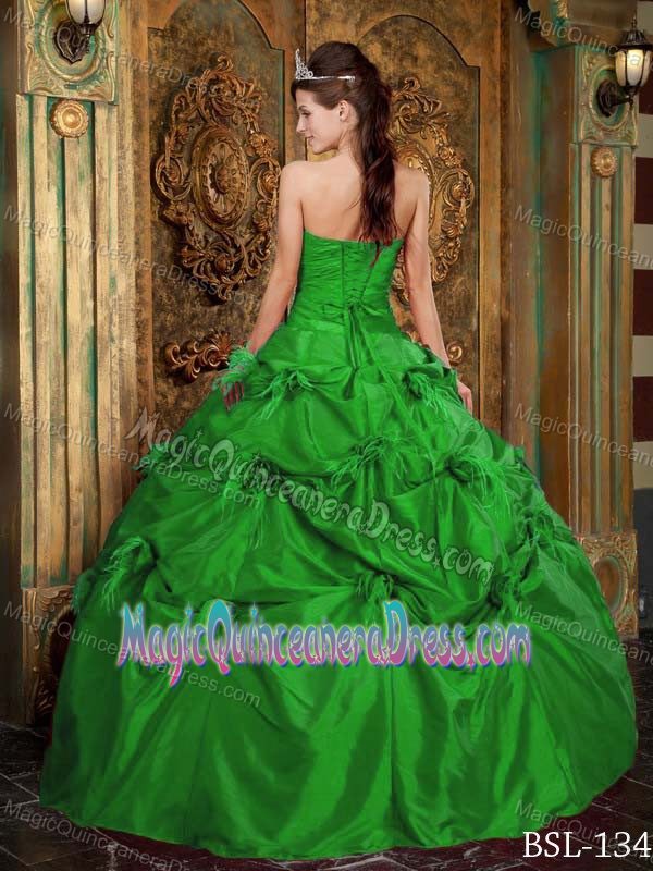 Green Strapless Floor-length Sweet Sixteen Dress with Flowers and Pick-ups