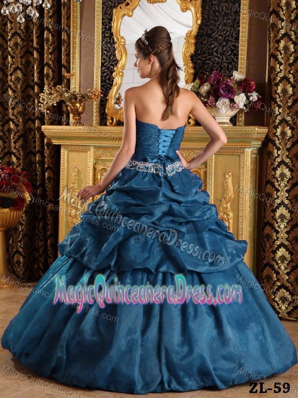 Strapless Blue Full-length Quince Dress with Pick-ups and Appliqued Waist